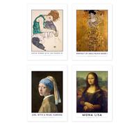 Artery8 Wall Art Print Classic Paintings Schiele Seated Woman Klimt Adele Vermeer Pearl Earring Da Vinci Mona Lisa A4 Poster Pack of 4 Wall Art Artery8 Multicolor A4