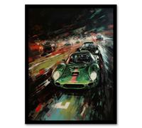 Wall Art Print Classic Sports Car British Racing Green Night Race Action Painting For Him Fan Man Cave Art Framed Artery8 Black A4