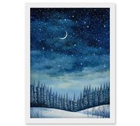 Wall Art Print Clear Sky Starry Night in Forest Covered with Snow Oil Painting Crescent Moon Winter Landscape Artwork Framed A4 Artery8 White A4