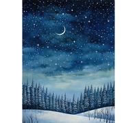 Artery8 Wall Art Print Clear Sky Starry Night in Forest Covered with Snow Oil Painting Crescent Moon Winter Landscape Poster | Size: W12" x H16" Artery8 Blue W12" x H16"