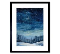 Artery8 Wall Art Print Clear Sky Starry Night in Forest Covered with Snow Oil Painting Crescent Moon Winter Landscape Artwork Framed 9X7 Inch Artery8 Black W7" x H9"