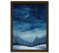 Wall Art Print Clear Sky Starry Night in Forest Covered with Snow Oil Painting Crescent Moon Winter Landscape Artwork Framed A4 Artery8 Brown A4