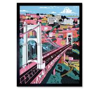 Artery8 Wall Art Print Clifton Suspension Bridge Pink & Teal Cityscape Art Framed in Black | Size: W12" x H16" Artery8 Black W12" x H16"