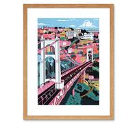 Artery8 Wall Art Print Clifton Suspension Bridge Pink & Teal Cityscape Artwork Framed 9X7 Inch in Beige | Size: W7" x H9" Artery8 Beige W7" x H9"