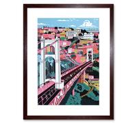Artery8 Wall Art Print Clifton Suspension Bridge Pink & Teal Cityscape Artwork Framed 9X7 Inch in Brown | Size: W7" x H9" Artery8 Brown W7" x H9"