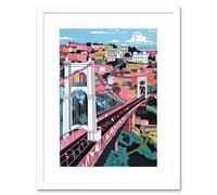 Artery8 Wall Art Print Clifton Suspension Bridge Pink & Teal Cityscape Artwork Framed 9X7 Inch in White | Size: W7" x H9" Artery8 White W7" x H9"