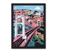 Artery8 Wall Art Print Clifton Suspension Bridge Pink & Teal Cityscape Large Framed Wall Décor Art in Brown | Size: W18" x H24" Artery8 Brown W18" x H24"