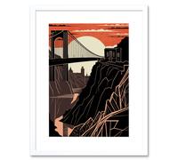 Artery8 Wall Art Print Clifton Suspension Bridge Sunset Contrast Linocut Artwork Framed 9X7 Inch in White | Size: W7" x H9" Artery8 White W7" x H9"