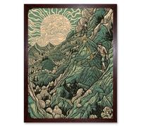 Artery8 Wall Art Print Climb Every Mountain Hikers at Sunrise Linocut Art Framed in Brown | Size: W12" x H16" Artery8 Brown W12" x H16"