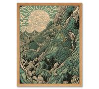 Artery8 Wall Art Print Climb Every Mountain Hikers at Sunrise Linocut Art Framed in Light Oak | Size: W12" x H16" Artery8 Light Oak W12" x H16"
