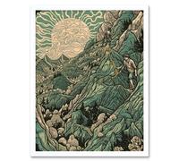 Artery8 Wall Art Print Climb Every Mountain Hikers at Sunrise Linocut Art Framed in White | Size: W12" x H16" Artery8 White W12" x H16"
