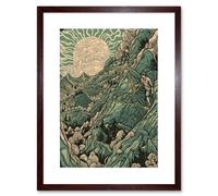 Artery8 Wall Art Print Climb Every Mountain Hikers at Sunrise Linocut Artwork Framed 9X7 Inch in Brown | Size: W7" x H9" Artery8 Brown W7" x H9"