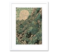 Artery8 Wall Art Print Climb Every Mountain Hikers at Sunrise Linocut Artwork Framed 9X7 Inch in White | Size: W7" x H9" Artery8 White W7" x H9"