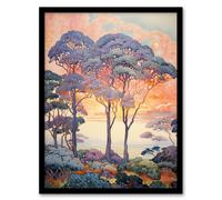 Artery8 Coastal Sunrise Behind Trees Orange Blue Purple Artwork Framed Wall Art Print A4