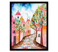 Artery8 Wall Art Print Cobblestone Street In Spring Folk Art Framed in Black | Size: W12" x H16" Artery8 Black W12" x H16"