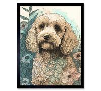 Artery8 Wall Art Print Cockapoo Dog in Wildflower Field Pastel Watercolour Art Framed in Black | Size: W12" x H16" Artery8 Black W12" x H16"