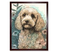 Artery8 Wall Art Print Cockapoo Dog in Wildflower Field Pastel Watercolour Art Framed in Brown | Size: W12" x H16" Artery8 Brown W12" x H16"