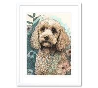 Artery8 Wall Art Print Cockapoo Dog in Wildflower Field Pastel Watercolour Artwork Framed 9X7 Inch in White | Size: W7" x H9" Artery8 White W7" x H9"