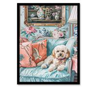 Artery8 Wall Art Print Cockapoo Dog Lover Pink Teal Couch Pet Portrait Art Framed Poster in Black | Size: A4 Artery8 Black A4