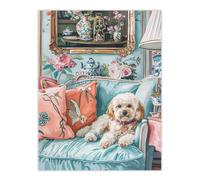 Artery8 Cockapoo Dog Lover Pink Teal Couch Pet Portrait For Living Room Large Wall Art Poster Print Thick Paper 18X24 Inch