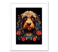 Artery8 Wall Art Print Cockapoo Dog w/ Ornate Collar & Flowers Symmetrical Floral Artwork Orange Pink Blue Tribal Design on Black Artwork Framed 9X7 Artery8 White W7" x H9"