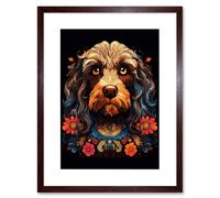 Artery8 Wall Art Print Cockapoo Dog w/ Ornate Collar & Flowers Symmetrical Floral Artwork Orange Pink Blue Tribal Design on Black Artwork Framed 9X7 Artery8 Brown W7" x H9"