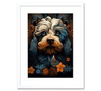 Artery8 Wall Art Print Cockapoo Dog with Flower Patterns Art Nouveau Artwork Orange Blue Floral Portrait Design Artwork Framed 9X7 Inch Artery8 White W7" x H9"