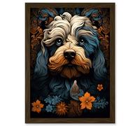 Artery8 Cockapoo Dog with Flower Patterns Art Nouveau Artwork Orange Blue Floral Portrait Design Artwork Framed Wall Art Print A4