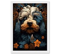 Artery8 Wall Art Print Cockapoo Dog with Flower Patterns Art Nouveau Artwork Orange Blue Floral Portrait Design Artwork Framed A4 in White Artery8 White A4