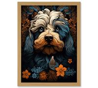 Artery8 Cockapoo Dog with Flower Patterns Art Nouveau Artwork Orange Blue Floral Portrait Design Artwork Framed Wall Art Print A4