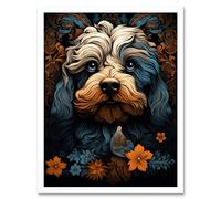 Artery8 Wall Art Print Cockapoo Dog with Flower Patterns Art Nouveau Artwork Orange Blue Floral Portrait Design Art Framed | Size: W12" x H16" Artery8 White W12" x H16"