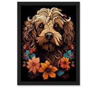 Artery8 Cockapoo Dog with Flowers Artwork Orange Brown Blue Floral Art Nouveau Portrait on Black Artwork Framed Wall Art Print A4