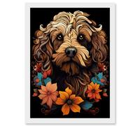 Artery8 Cockapoo Dog with Flowers Artwork Orange Brown Blue Floral Art Nouveau Portrait on Black Artwork Framed Wall Art Print A4