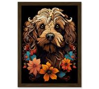 Artery8 Cockapoo Dog with Flowers Artwork Orange Brown Blue Floral Art Nouveau Portrait on Black Artwork Framed Wall Art Print A4
