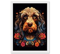 Artery8 Wall Art Print Cockapoo Dog with Ornate Collar & Flowers Symmetrical Floral Artwork Orange Pink Blue Tribal Design on Black Artwork Framed A4 Artery8 White A4