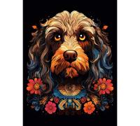 Artery8 Wall Art Print Cockapoo Dog with Ornate Collar & Flowers Symmetrical Floral Artwork Orange Pink Blue Tribal Design on Black Poster Artery8 Brown W24" x H32"