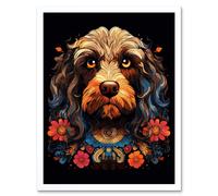 Artery8 Wall Art Print Cockapoo Dog with Ornate Collar & Flowers Symmetrical Floral Artwork Orange Pink Blue Tribal Design on Black Art Framed Artery8 White W12" x H16"