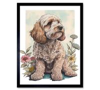 Artery8 Wall Art Print Cockapoo Dog with Spring Wildflowers Soft Watercolour Art Framed in Black | Size: W12" x H16" Artery8 Black W12" x H16"
