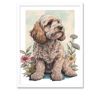 Artery8 Wall Art Print Cockapoo Dog with Spring Wildflowers Soft Watercolour Art Framed in White | Size: W12" x H16" Artery8 White W12" x H16"
