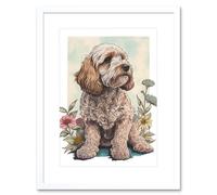 Artery8 Wall Art Print Cockapoo Dog with Spring Wildflowers Soft Watercolour Artwork Framed 9X7 Inch in White | Size: W7" x H9" Artery8 White W7" x H9"
