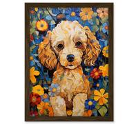 Artery8 Cockapoo Puppy Oil Painting Colourful Bright Bold Floral Fun Artwork Framed Wall Art Print A4