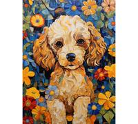 Artery8 Wall Art Print Cockapoo Puppy Oil Painting Colourful Bright Bold Floral Fun Poster in Blue | Size: W12" x H16" Artery8 Blue W12" x H16"