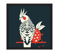 Artery8 Wall Art Print Cockatiel Cockatoo Strawberry Tropical Bird Fruit Modern Retro Style Navy White Red Square Framed Picture 16X16 Inch Artery8 Black W16" x H16"