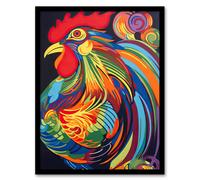 Wall Art Print Cockerel Rooster Chicken Hen Neon Colour Feathers Graphic Artwork Vibrant Bold Bright Colourful Painting Art Framed Artery8 Multi A4