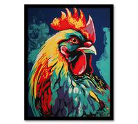 Wall Art Print Cockerel Rooster Chicken Hen Screen Red Yellow Turquoise Vibrant Bold Bright Colourful Painting Art Framed Artery8 Multi W12 inch x H16 inch