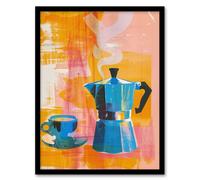 Wall Art Print Coffee Pot and Espresso Cup Pink Orange Fun Bright Art Framed Poster Artery8 Black A4