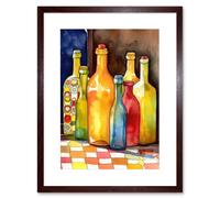 Artery8 Wall Art Print Coloured Bottles On Checked Tablecloth Still Life Watercolour Painting Artwork Framed 9X7 Inch in Brown | Size: W7" x H9" Artery8 Brown W7" x H9"