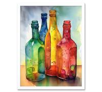 Artery8 Wall Art Print Coloured Glass Cider Bottles Still Life Watercolour Painting Art Framed in White | Size: W12" x H16" Artery8 White W12" x H16"