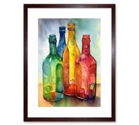 Artery8 Wall Art Print Coloured Glass Cider Bottles Still Life Watercolour Painting Artwork Framed 9X7 Inch in Brown | Size: W7" x H9" Artery8 Brown W7" x H9"