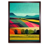 Artery8 Wall Art Print Colourful Bright Countryside Fields Landscape Painting Art Framed in Brown | Size: W12" x H16" Artery8 Brown W12" x H16"